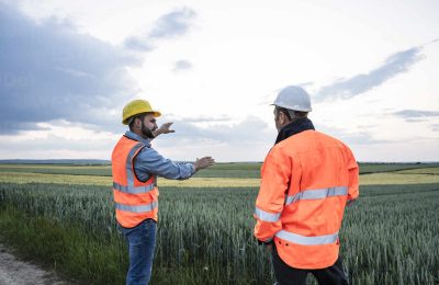 Engineers discussing by crop in farm